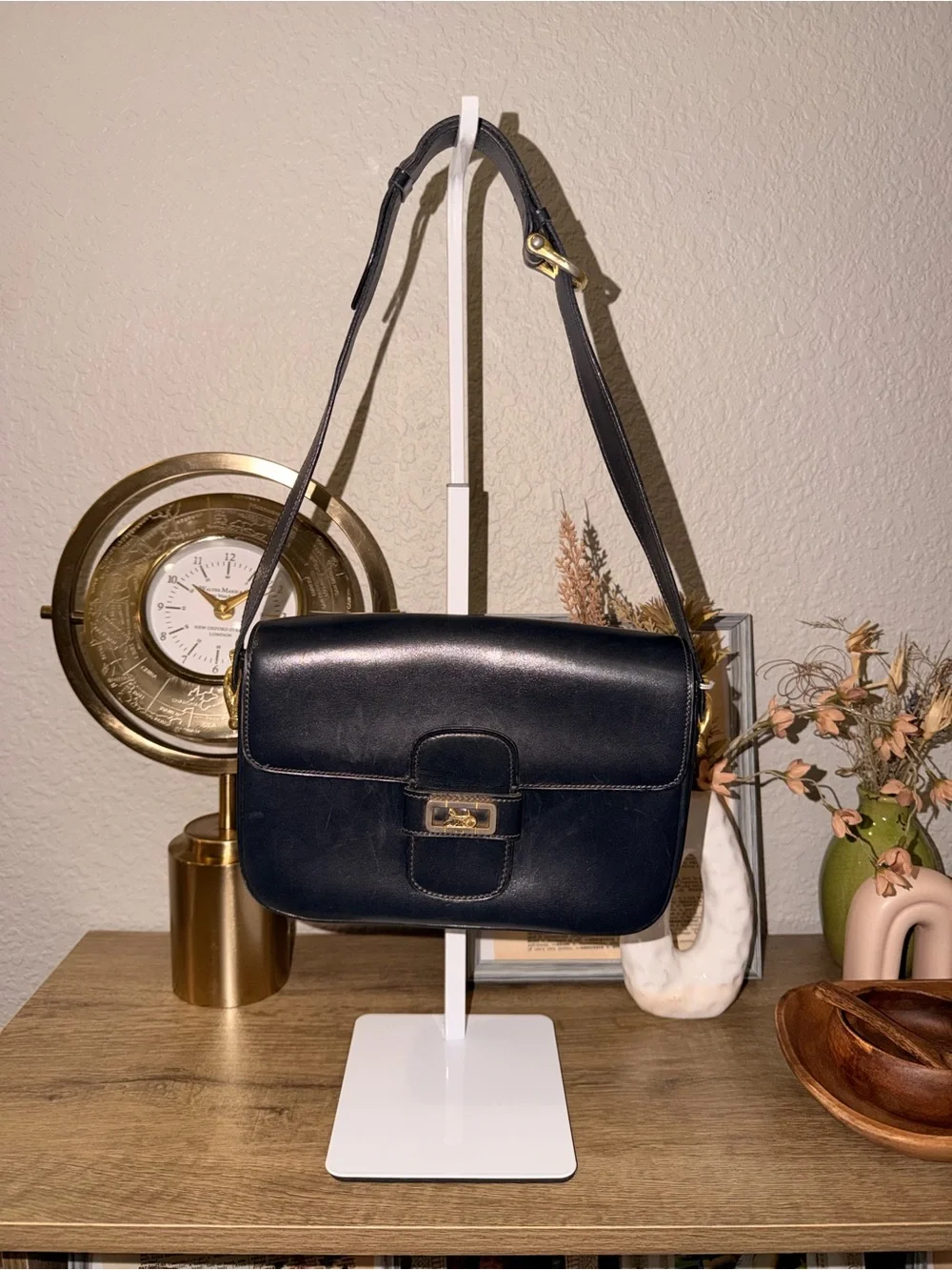 Vintage Black Leather Celine Shoulder Bag with Gold Hardware